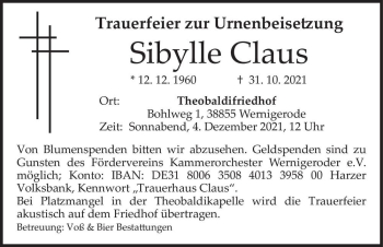 Traueranzeige von Sibylle Claus  von Magdeburger Volksstimme