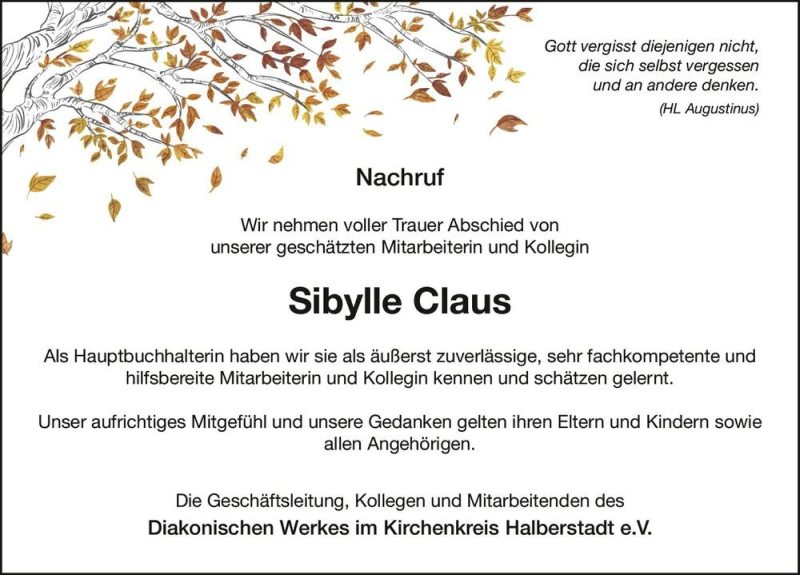  Traueranzeige für Sibylle Claus  vom 13.11.2021 aus Magdeburger Volksstimme