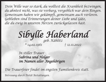 Traueranzeige von Sibylle Haberland (geb. Kählitz)  von Magdeburger Volksstimme