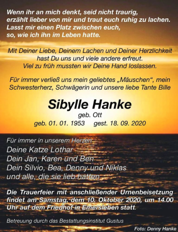 Traueranzeige von Sibylle Hanke (geb. Ott)  von Magdeburger Volksstimme