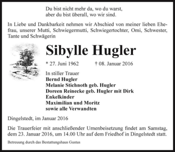 Traueranzeige von Sibylle Hugler  von Magdeburger Volksstimme