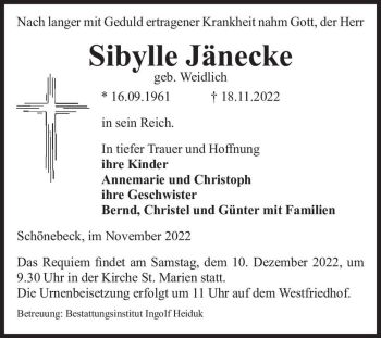 Traueranzeige von Sibylle Jänecke (geb. Weidlich)  von Magdeburger Volksstimme