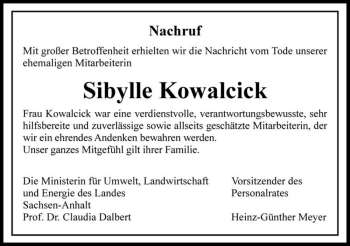 Traueranzeige von Sibylle Kowalcick  von Magdeburger Volksstimme