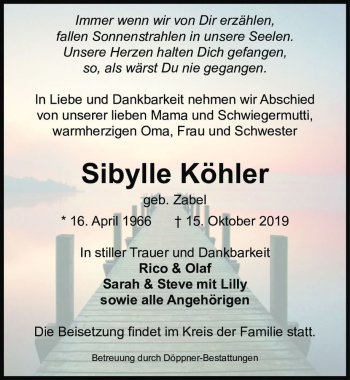 Traueranzeige von Sibylle Köhler (geb. Zabel)  von Magdeburger Volksstimme