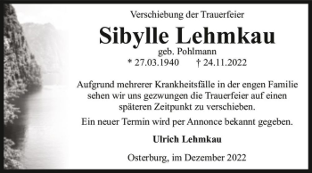 Traueranzeige von Sibylle Lehmkau (geb. Pohlmann)  von Magdeburger Volksstimme