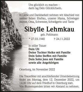 Traueranzeige von Sibylle Lehmkau (geb. Pohlmann)  von Magdeburger Volksstimme