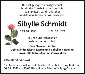 Traueranzeige von Sibylle Schmidt  von Magdeburger Volksstimme