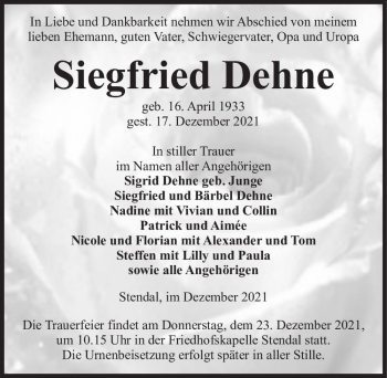 Traueranzeige von Siefried Dehne  von Magdeburger Volksstimme