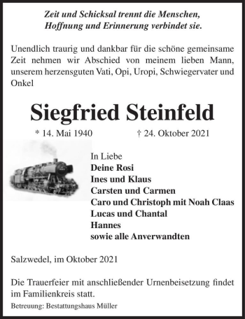 Traueranzeige von Siefried Steinfeld  von Magdeburger Volksstimme