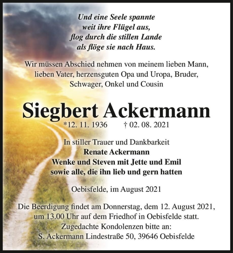  Traueranzeige für Siegbert Ackermann  vom 07.08.2021 aus Magdeburger Volksstimme