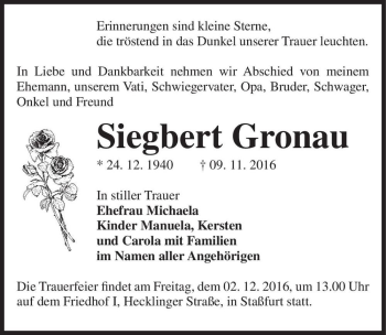 Traueranzeige von Siegbert Gronau  von Magdeburger Volksstimme