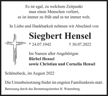 Traueranzeige von Siegbert Hensel  von Magdeburger Volksstimme