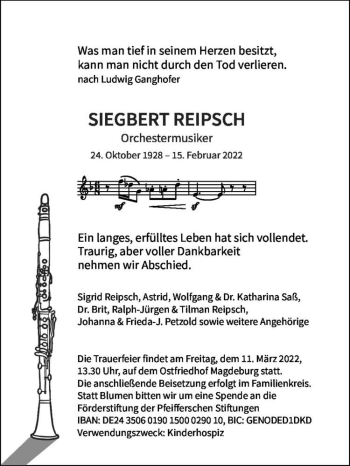 Traueranzeige von Siegbert Reipsch  von Magdeburger Volksstimme
