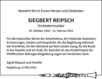 Traueranzeige von Siegbert Reipsch  von Magdeburger Volksstimme