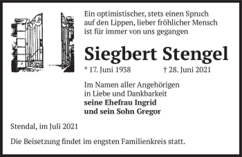 Traueranzeige von Siegbert Stengel  von Magdeburger Volksstimme