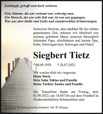 Traueranzeige von Siegbert Tietz  von Magdeburger Volksstimme