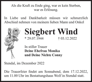 Traueranzeige von Siegbert Wind  von Magdeburger Volksstimme