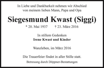 Traueranzeige von Siegesmund Kwast (Siggi)  von Magdeburger Volksstimme