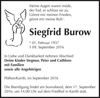 Traueranzeige von Siegfrid Burow  von Magdeburger Volksstimme