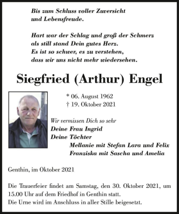 Traueranzeige von Siegfried (Arthur) Engel  von Magdeburger Volksstimme