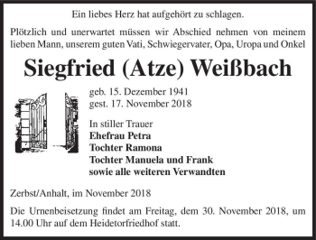 Traueranzeige von Siegfried (Atze) Weißbach  von Magdeburger Volksstimme