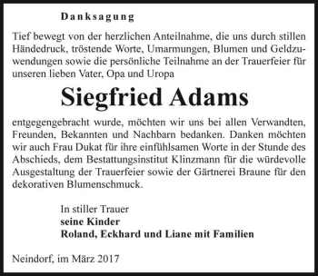 Traueranzeige von Siegfried Adams  von Magdeburger Volksstimme