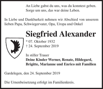 Traueranzeige von Siegfried Alexander  von Magdeburger Volksstimme