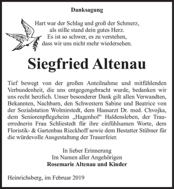Traueranzeige von Siegfried Altenau  von Magdeburger Volksstimme