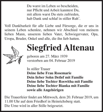 Traueranzeige von Siegfried Altenau  von Magdeburger Volksstimme