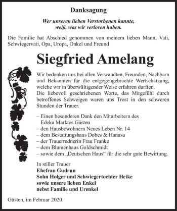 Traueranzeige von Siegfried Amelang  von Magdeburger Volksstimme