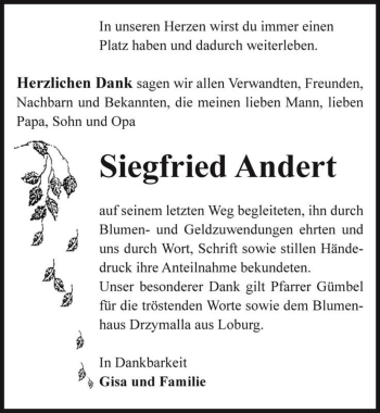 Traueranzeige von Siegfried Andert  von Magdeburger Volksstimme
