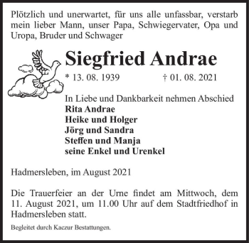 Traueranzeige von Siegfried Andrae  von Magdeburger Volksstimme