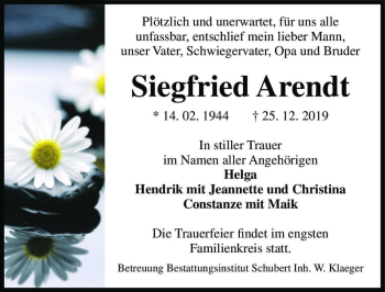 Traueranzeige von Siegfried Arendt  von Magdeburger Volksstimme
