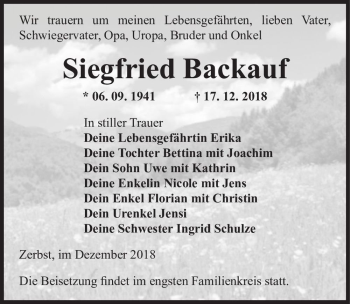 Traueranzeige von Siegfried Backauf  von Magdeburger Volksstimme