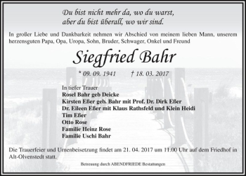 Traueranzeige von Siegfried Bahr  von Magdeburger Volksstimme