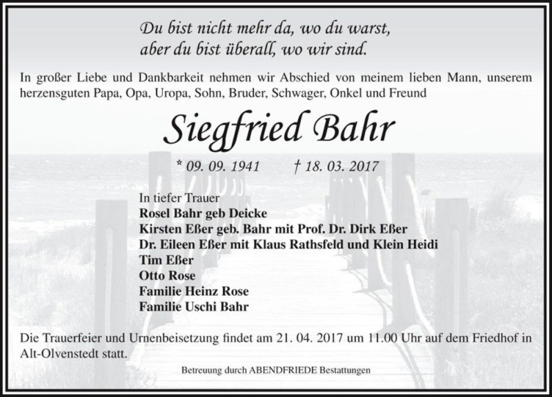  Traueranzeige für Siegfried Bahr  vom 08.04.2017 aus Magdeburger Volksstimme
