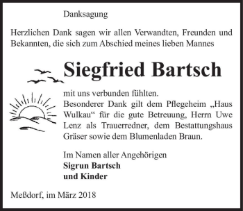 Traueranzeige von Siegfried Bartsch  von Magdeburger Volksstimme