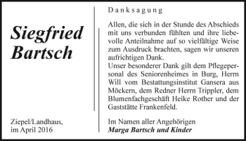 Traueranzeige von Siegfried Bartsch  von Magdeburger Volksstimme