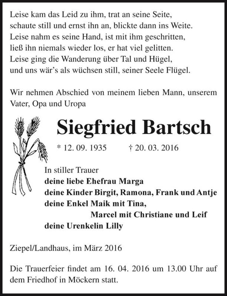  Traueranzeige für Siegfried Bartsch  vom 09.04.2016 aus Magdeburger Volksstimme