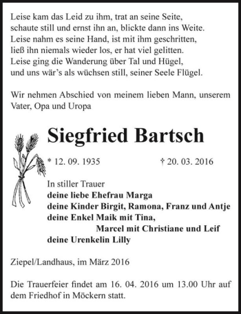 Traueranzeige von Siegfried Bartsch  von Magdeburger Volksstimme