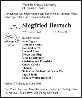 Traueranzeige von Siegfried Bartsch  von Magdeburger Volksstimme