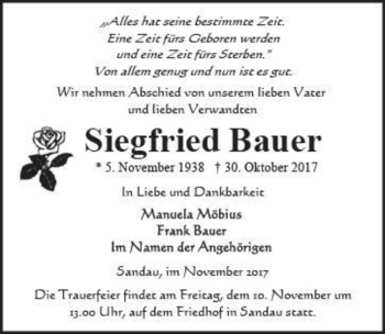 Traueranzeige von Siegfried Bauer  von Magdeburger Volksstimme
