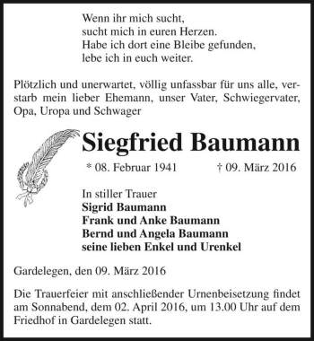 Traueranzeige von Siegfried Baumann  von Magdeburger Volksstimme