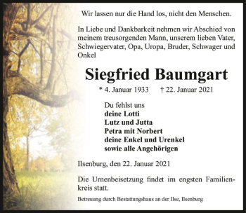 Traueranzeige von Siegfried Baumgart  von Magdeburger Volksstimme
