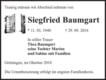 Traueranzeige von Siegfried Baumgart  von Magdeburger Volksstimme