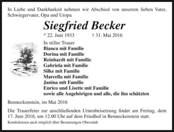 Traueranzeige von Siegfried Becker  von Magdeburger Volksstimme