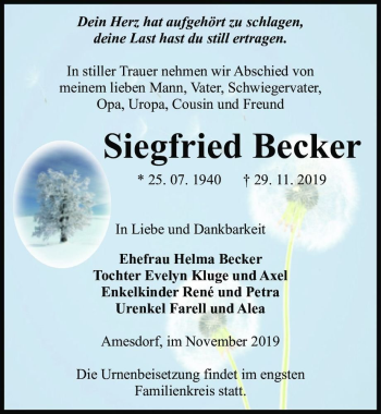 Traueranzeige von Siegfried Becker  von Magdeburger Volksstimme