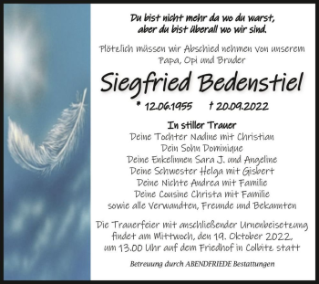 Traueranzeige von Siegfried Bedenstiel  von Magdeburger Volksstimme