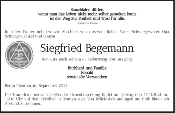 Traueranzeige von Siegfried Begemann  von Magdeburger Volksstimme