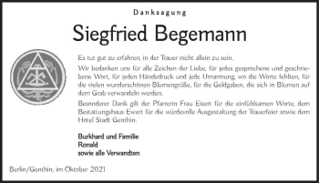 Traueranzeige von Siegfried Begemann  von Magdeburger Volksstimme